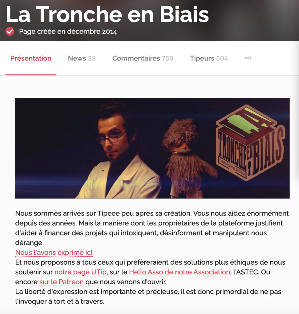La page Tipeee de la chaîne La Tronche en Biais affiche un message explicatif sur uTip // Source : Capture d'écran Numerama / Tipeee