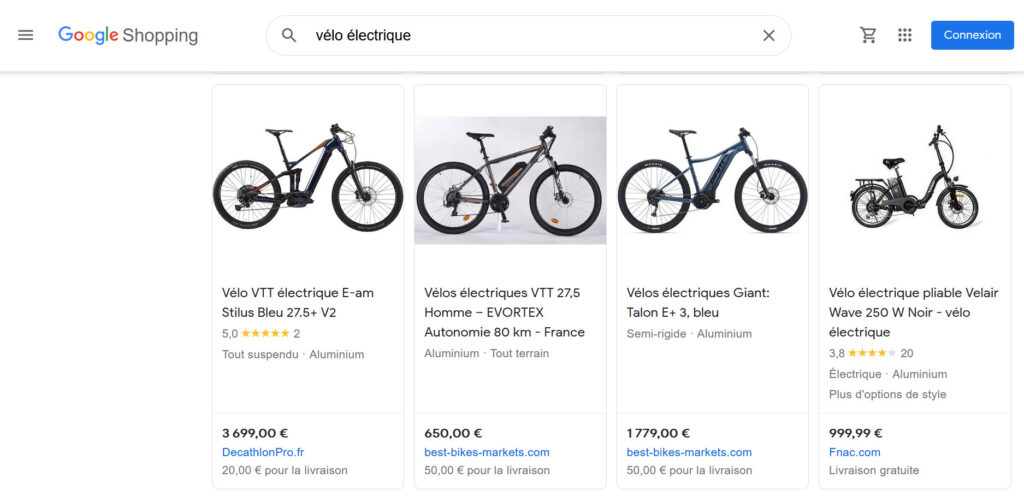 Plusieurs produits du site Best Bikes Markets étaient très bien référencés sur Google Shopping. // Source : Capture d'écran Numerama