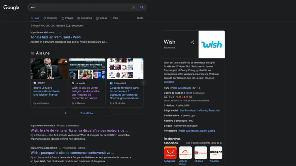 Ce 24 novembre Wish est encore accessible via Google // Source : Capture d'écran Numerama Ce 24 novembre Wish est encore accessible via Google // Source : Capture d'écran Numerama