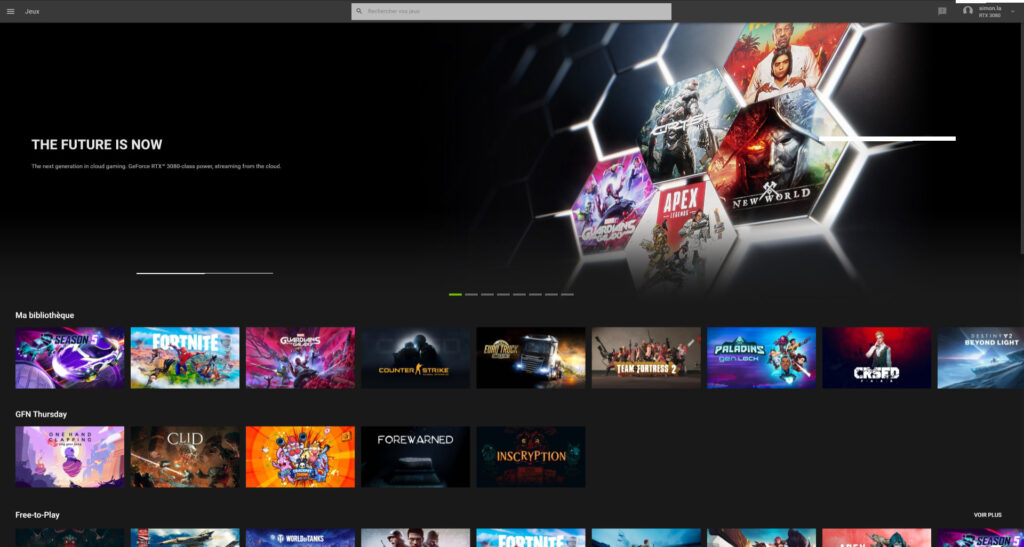 La page d'accueil du client GeForce Now, avec un accès à la bibliothèque personnelle ainsi qu'à tous les jeux // Source : Nvidia