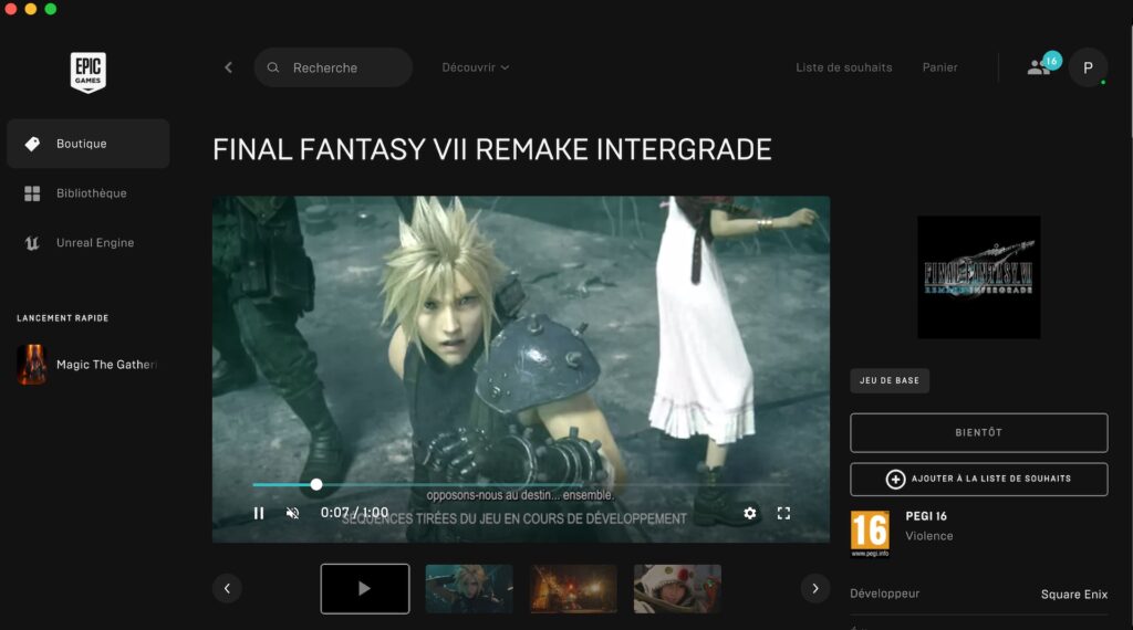 Final Fantasy VII Remake sur l'Epic Games Store // Source : Capture d'écran