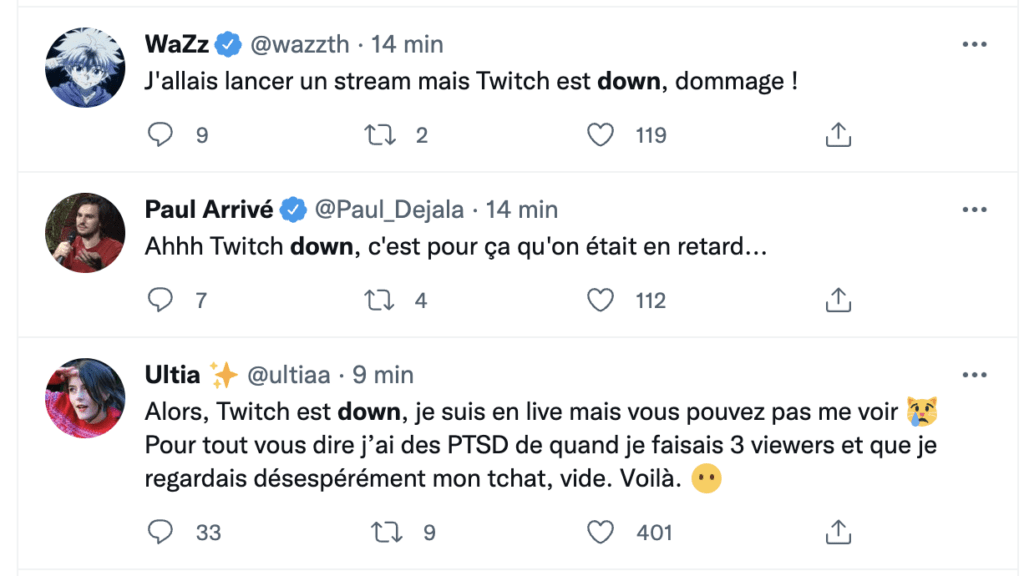 Des streameurs ont signalé que la plateforme Twitch était inaccessible ce 15 décembre à 16h45 // Source : Capture d'écran Twitter