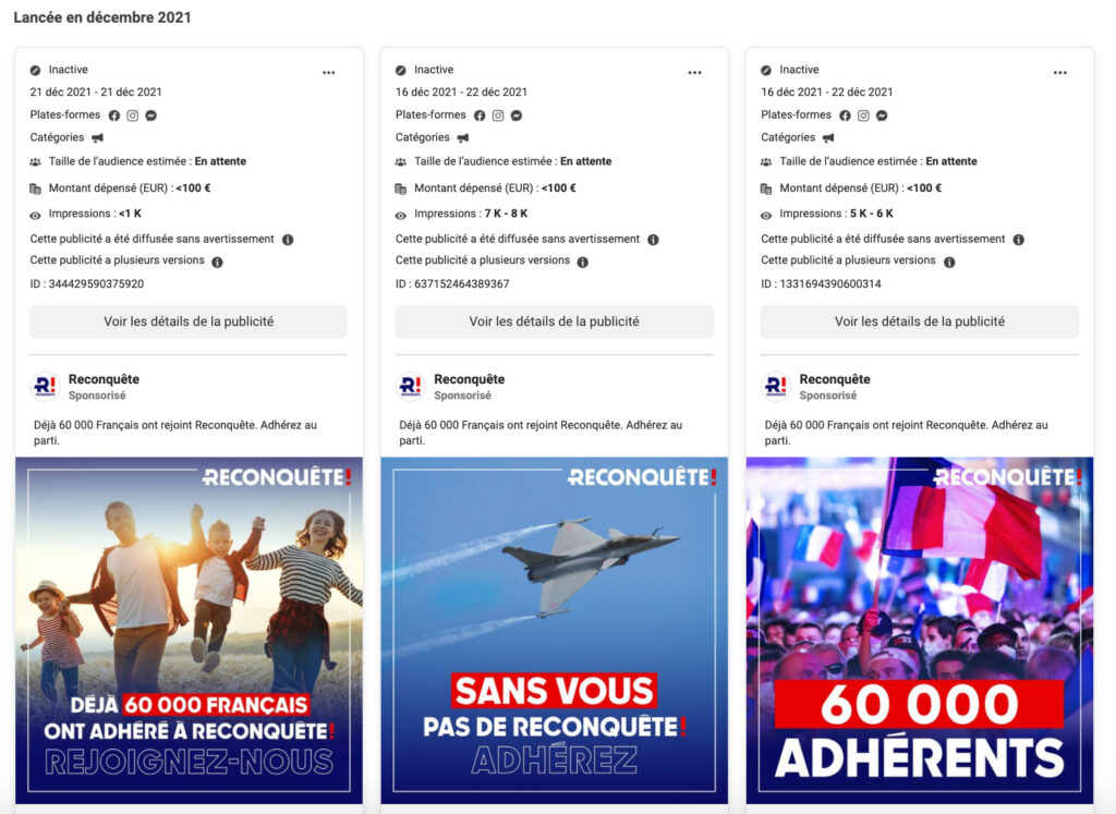 Les publicités de Reconquête // Source : Capture d'écran Numerama