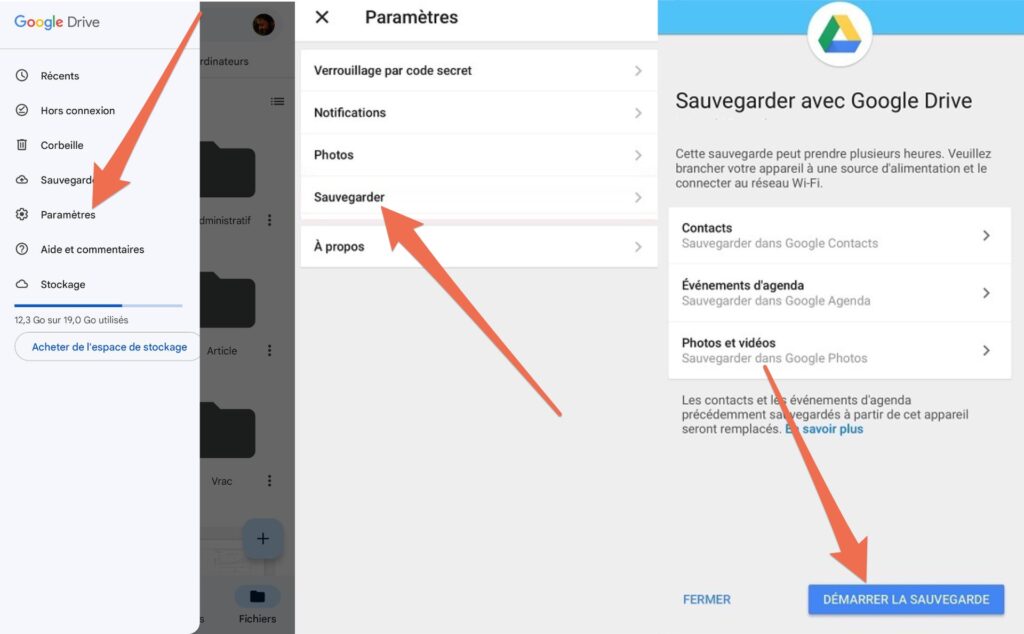 La marche à suivre pour sauvegarder ses données iOS sur Google Drive // Source : Capture Numerama