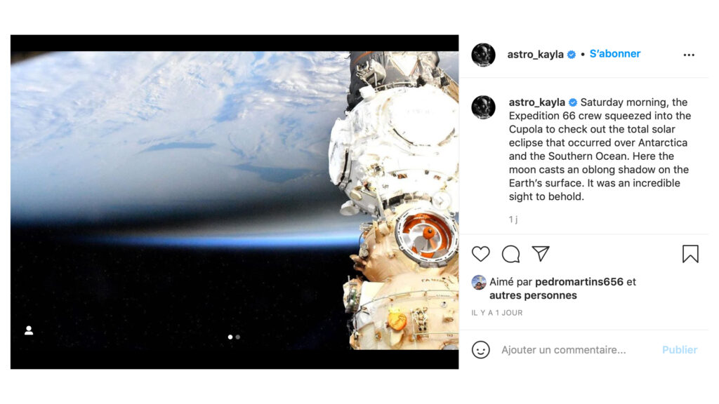 Les astronautes ont admiré l'éclipse depuis la coupole de l'ISS. // Source : Capture d'écran Instagram astro_kayla