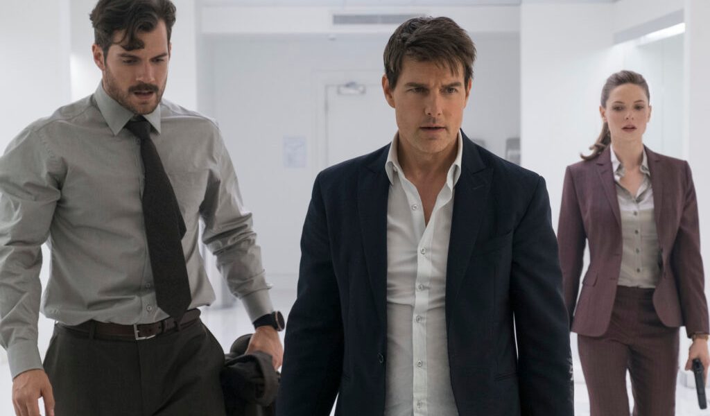 This image released by Paramount Pictures shows, Henry Cavill, from left, Tom Cruise and Rebecca Ferguson in a scene from "Mission: Impossible - Fallout." (Chiabella James/Paramount Pictures and Skydance via AP)