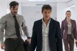 This image released by Paramount Pictures shows, Henry Cavill, from left, Tom Cruise and Rebecca Ferguson in a scene from "Mission: Impossible - Fallout." (Chiabella James/Paramount Pictures and Skydance via AP)