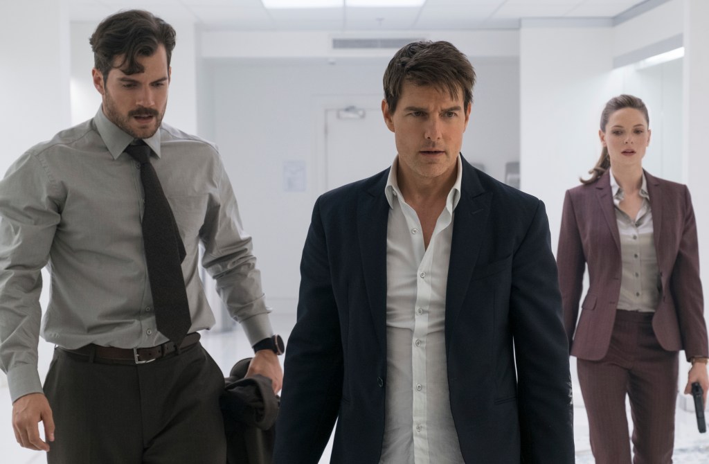 This image released by Paramount Pictures shows, Henry Cavill, from left, Tom Cruise and Rebecca Ferguson in a scene from 