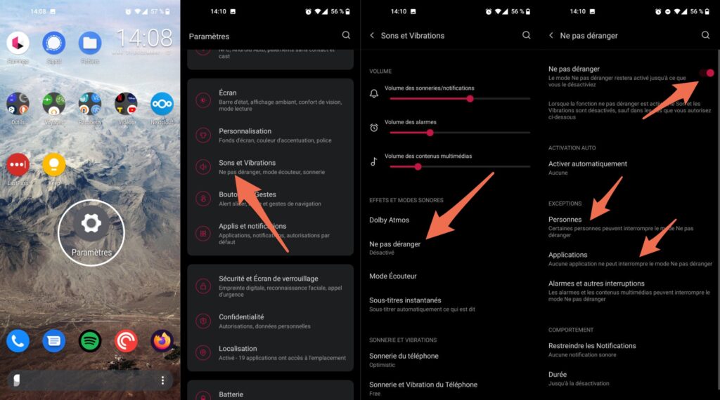 La marche à suivre pour activer le mode « Ne pas déranger » sur Android // Source : Capture Numerama