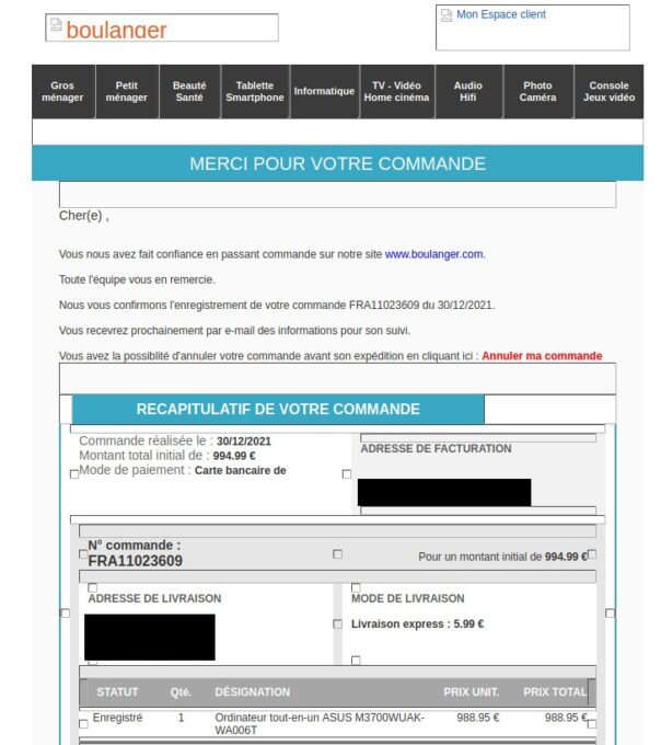 Le mail de phishing est parfaitement plausible // Source : Capture écran Le mail de phishing est parfaitement plausible // Source : Capture écran