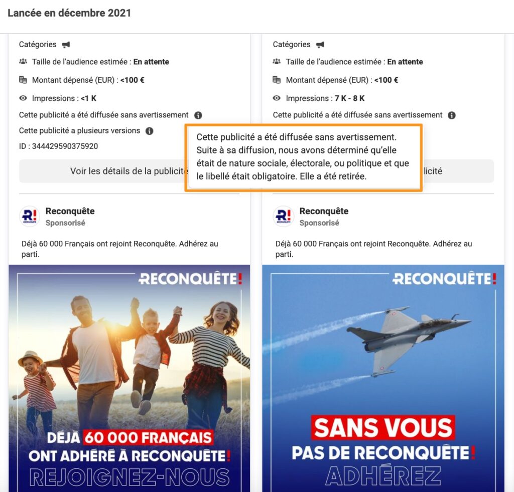 Les publicités de Reconquête n'indiquaient pas qu'elles étaient de nature politiques // Source : Capture d'écran Numerama