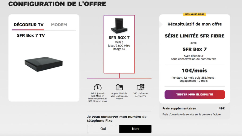 Les détails de l'offre fibre de SFR à 10 euros par mois pendant 1 an, en série limitée. // Source : SFR.