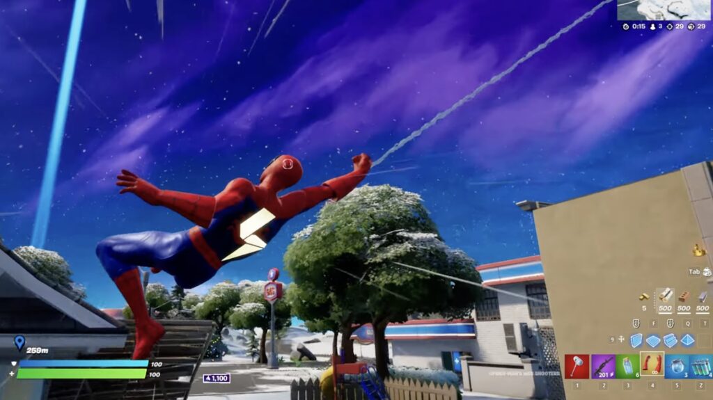 Spider-Man fait des spider-trucs dans Fortnite // Source : YouTube/Kanga