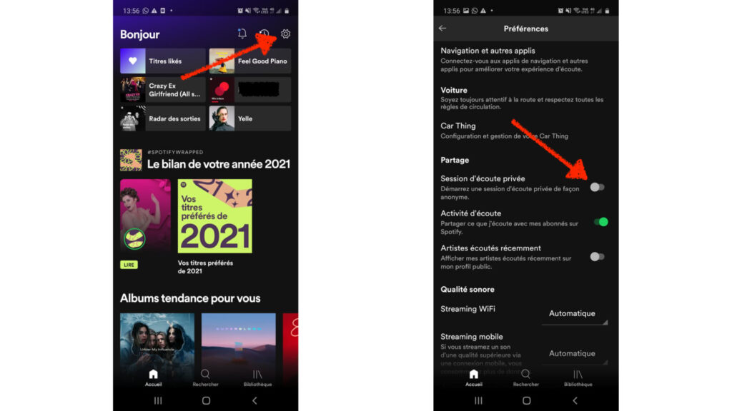 Activer l'écoute privée sur Android dans Spotify. // Source : Capture d'écran Numerama