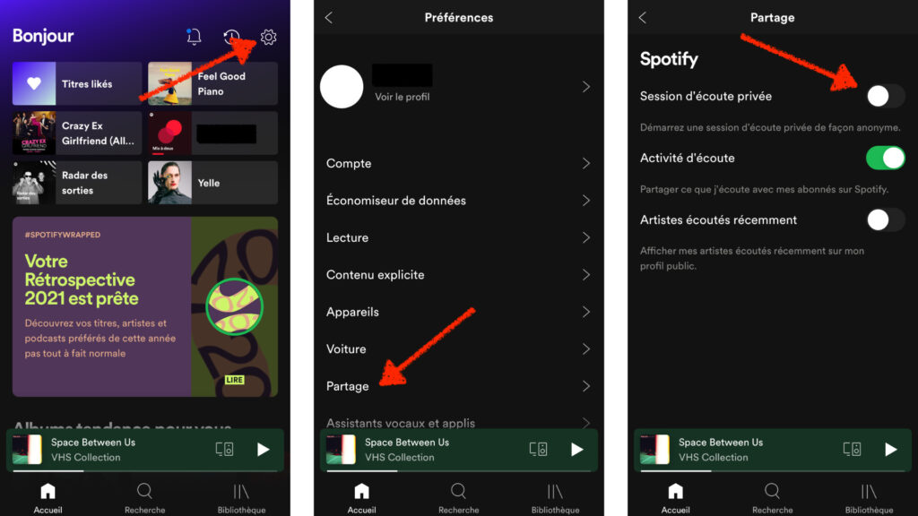 Activer l'écoute privée sur iOS dans Spotify. // Source : Capture d'écran Numerama Activer l'écoute privée sur iOS dans Spotify. // Source : Capture d'écran Numerama