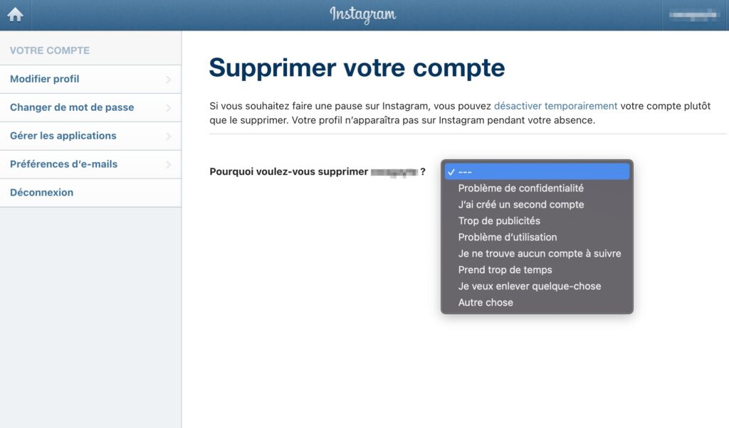 Vous devrez répondre à une question avant de supprimer votre compte Instagram // Source : Capture d'écran Numerama