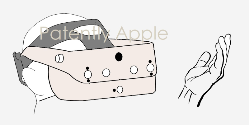 Un des très nombreux brevets possédés par Apple sur les casques AR/VR. On voit ici le suivi des mains grâce aux caméras. // Source : Patently Apple