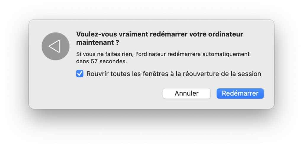 Le message de redémarrage sur macOS. // Source : Numerama