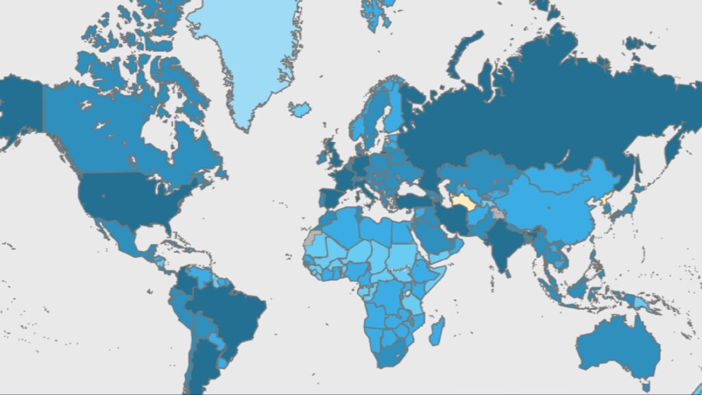 Carte des cas d'infection au covid, dans le monde, au total, à date de début janvier 2022. // Source : OMS