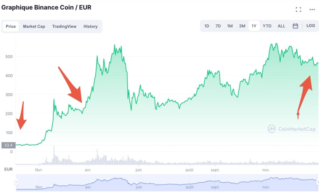 Situé à xx € en janvier, le BNB a franchi le seuil des 200 € en avril. Il a fini l'année à xx € // Source : CoinMarket Cap