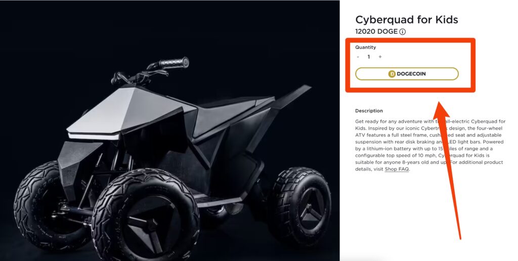 Le Cyberquad payable en dogecoin // Source : Tesla Shop