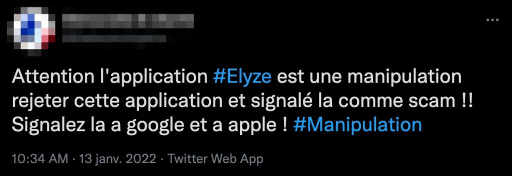 Un appel au signalement d'Elyze // Source : Capture d'écran Numerama