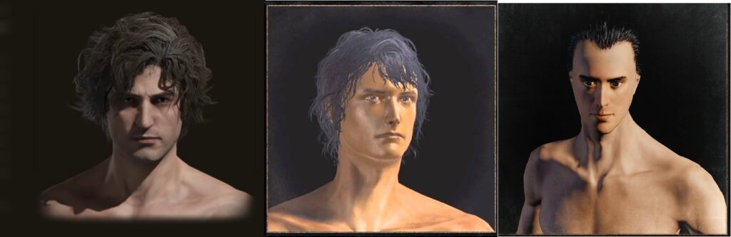Évolution de l'éditeur de personnages dans les jeux de FromSoftware : Elden Ring, Dark Souls III et Bloodborne (de gauche à droite) // Source : SkeleMann (Twitter)