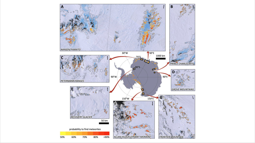 Carte des viviers de météorites en Antarctique