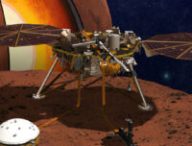 Vue d'artiste d'InSight sur Mars. // Source : NASA/JPL Caltech, 2018 (image recadrée)