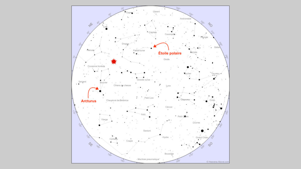 Radiant of the Quadrantids, January 4, 2022 at 4 a.m., seen from Paris.  // Source: Heavens Above map, Numerama annotations