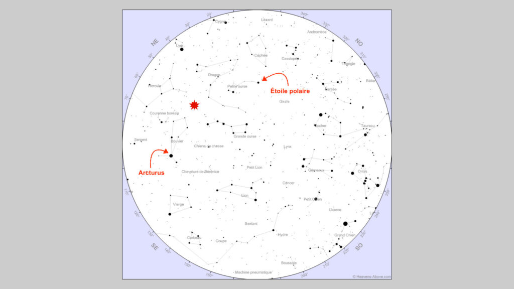 Radiant des Quadrantides, le 4 janvier 2022 à 4h, vu de Paris. // Source : Carte Heavens Above, annotations Numerama