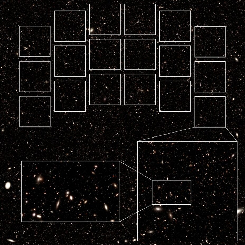 Image obtenue avec une simulation par ordinateur : la largeur de vue du Roman Space Telescope est représentée par les 18 carrés du dessus ; en bas, c'est un zoom qui est simulé. // Source : NASA’s Goddard Space Flight Center
