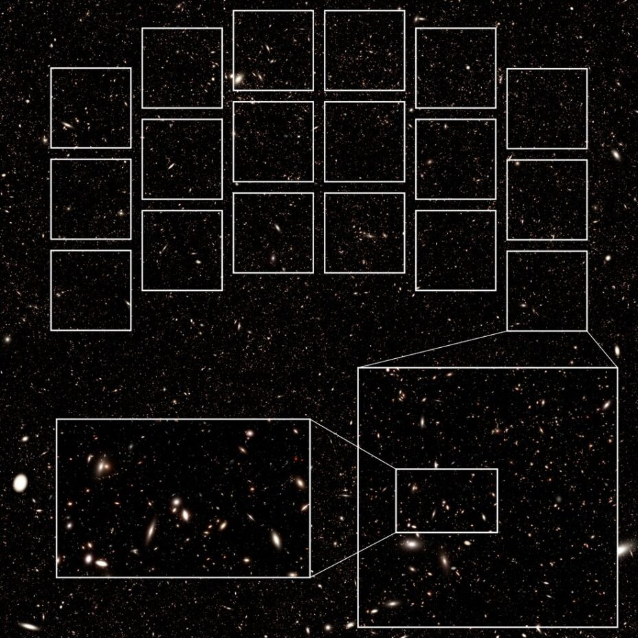Image obtenue avec une simulation par ordinateur : la largeur de vue du Roman Space Telescope est représentée par les 18 carrés du dessus ; en bas, c'est un zoom qui est simulé. // Source : NASA’s Goddard Space Flight Center Image obtenue avec une simulation par ordinateur : la largeur de vue du Roman Space Telescope est représentée par les 18 carrés du dessus ; en bas, c'est un zoom qui est simulé. // Source : NASA’s Goddard Space Flight Center