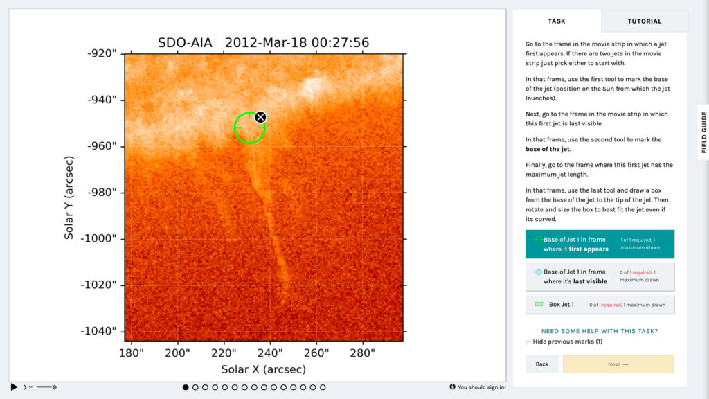 Ici, nous avons identifié la base d'une éruption. // Source : Capture d'écran Zooniverse