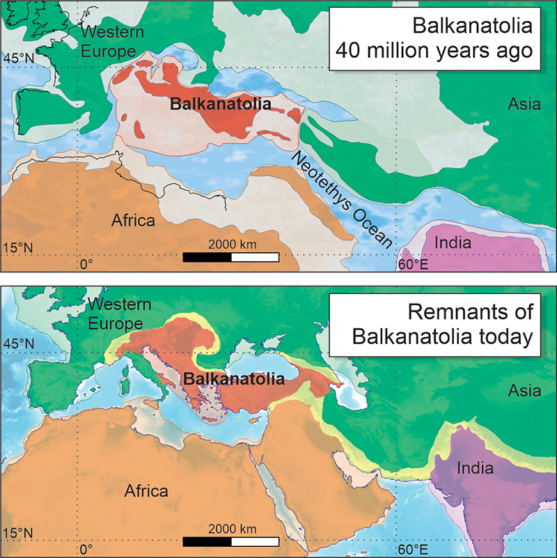En haut, la Balkanatolia il y a 40 millions d'années. En bas, où se situe les restes de ce continent oublié. // Source : Alexis Licht & Grégoire Métais / CNRS