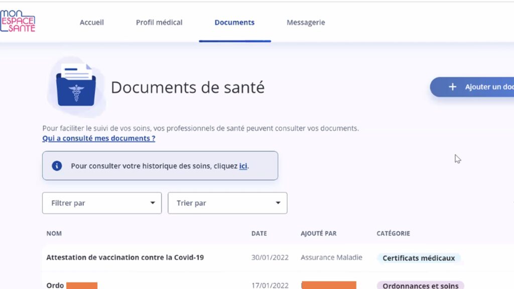 La partie Documents permet d'ajouter des ordonnances et autres fichiers de suivi. // Source : Capture d'écran