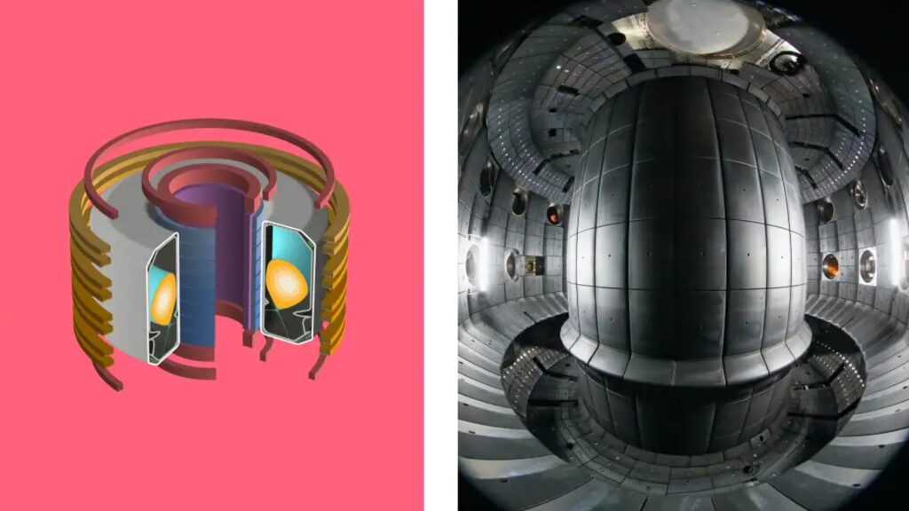 À gauche, illustration d'ensemble du tokamak en forme de donut. À droite, l'intérieur réel du tokamak. // Source : DeepMind & SPC/EPFL