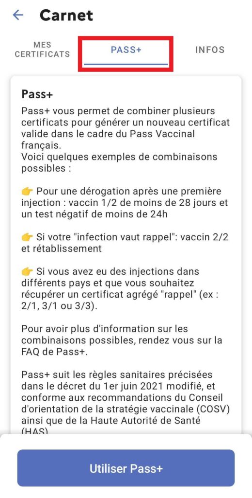 L'onglet Pass+ se trouve dans le carnet de TousAntiCovid // Source : Capture écran Numerama