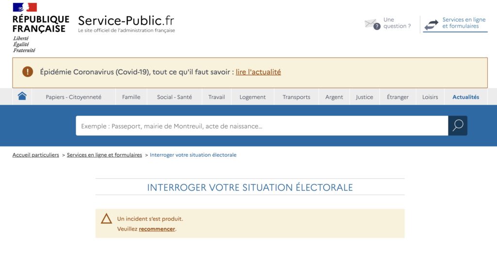 Le site ne donnait pas les informations demandées, le 21 février 2022 // Source : service-public.fr