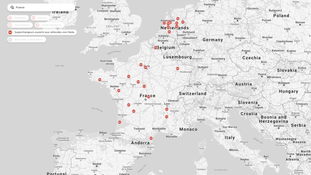 Liste des superchargeurs ouvert aux non-tesla // Source : Tesla