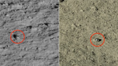 Les étranges globules repérés par Yutu 2 sur la Lune. // Source : Science China Press (image recadrée et annotée)
