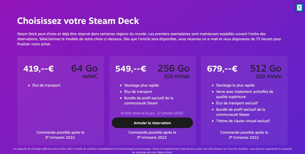 Page de réservation du Steam Deck