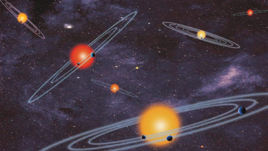 Illustration de systèmes exoplanétaires : l'étoile au centre et les planètes autour. // Source : NASA