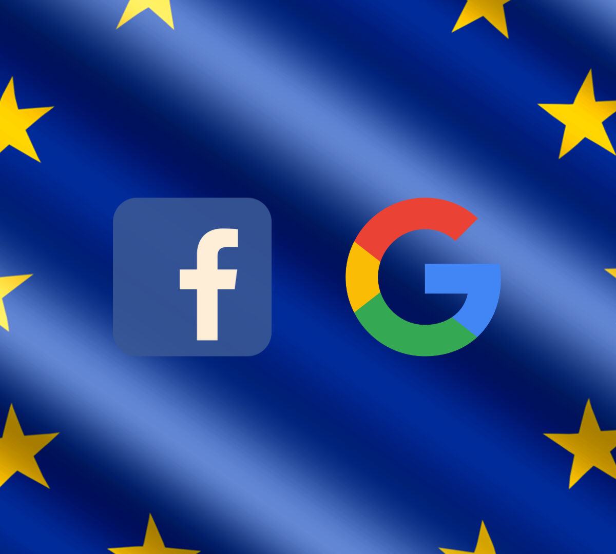 Logos de Facebook et Google devant le drapeau de l'UE. // Source : Pixabay ; Wikimedia/google.com ; montage Numerama