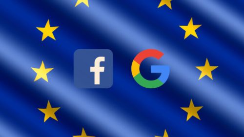 Logos de Facebook et Google devant le drapeau de l'UE. // Source : Pixabay ; Wikimedia/google.com ; montage Numerama