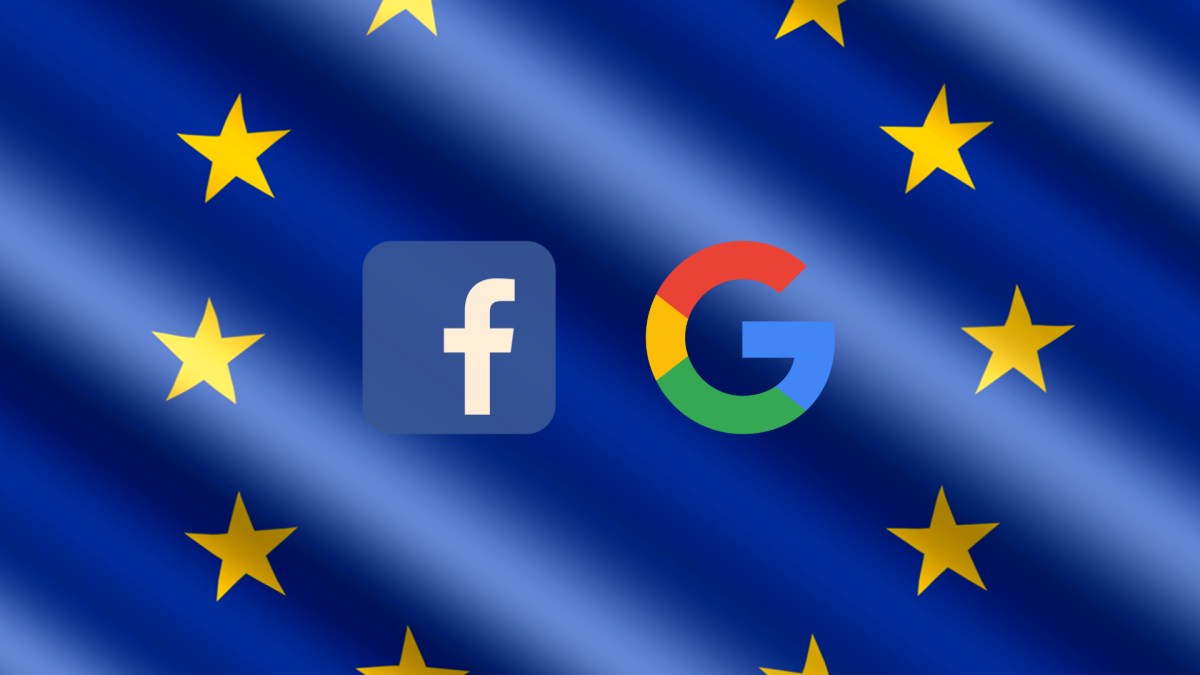 Logos de Facebook et Google devant le drapeau de l'UE. // Source : Pixabay ; Wikimedia/google.com ; montage Numerama