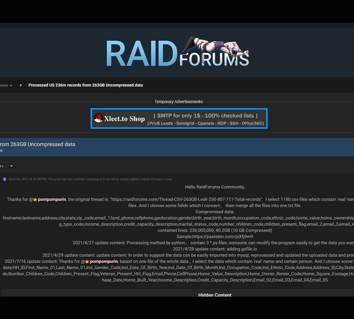 Exemple d'une fuite de données diffusée sur Raidforums.