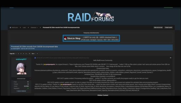 Exemple d'une fuite de données diffusée sur Raidforums.
