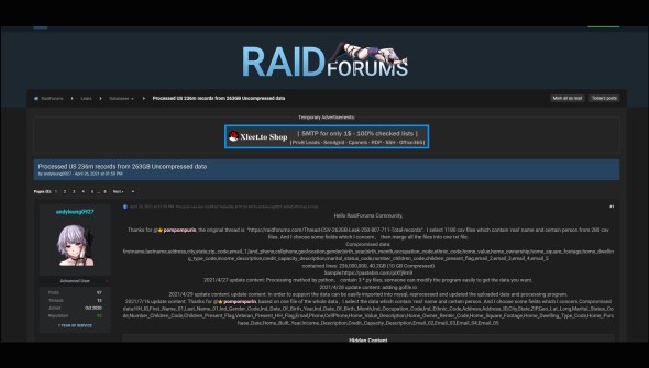 Exemple d'une fuite de données diffusée sur Raidforums.