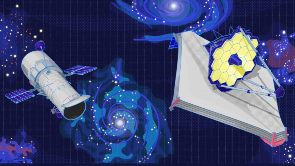 Hubble et James Webb, illustration. // Source : Capture d'écran YouTube James Webb Space Telescope (JWST)